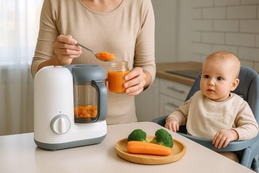 Maman préparant une purée de légumes avec un robot cuiseur pour bébé, babycook, son enfant en chaise haute à côté