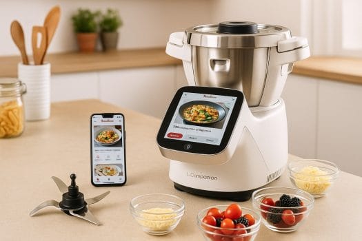Robot cuiseur Moulinex I-Companion Touch Pro sur un plan de travail, avec écran tactile affichant une recette, smartphone, accessoires et ingrédients frais