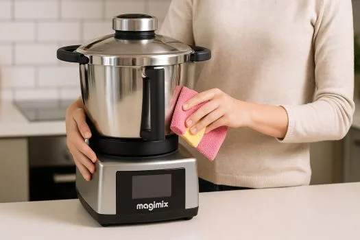 Une personne nettoie un robot Magimix Cook Expert avec un chiffon doux sur un plan de travail clair