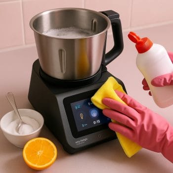 Une personne nettoie un robot cuiseur avec vinaigre et bicarbonate sur plan de travail rose