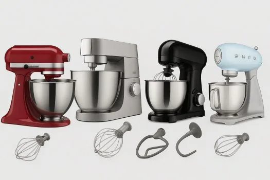 Quatre robots pâtissiers de différentes marques et couleurs avec accessoires, posés sur fond neutre