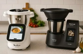 Comparatif visuel des robots cuiseurs Moulinex I-Companion Touch Pro et Taurus Mycook Touch en cuisine.