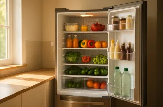 Réfrigérateur ouvert rempli d’aliments en été, consommant plus d’énergie pour rester froid