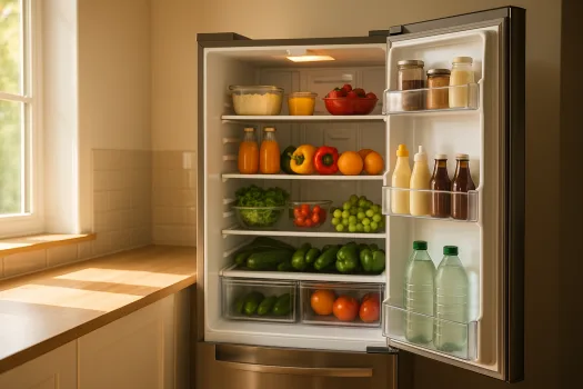 Réfrigérateur ouvert rempli d’aliments en été, consommant plus d’énergie pour rester froid